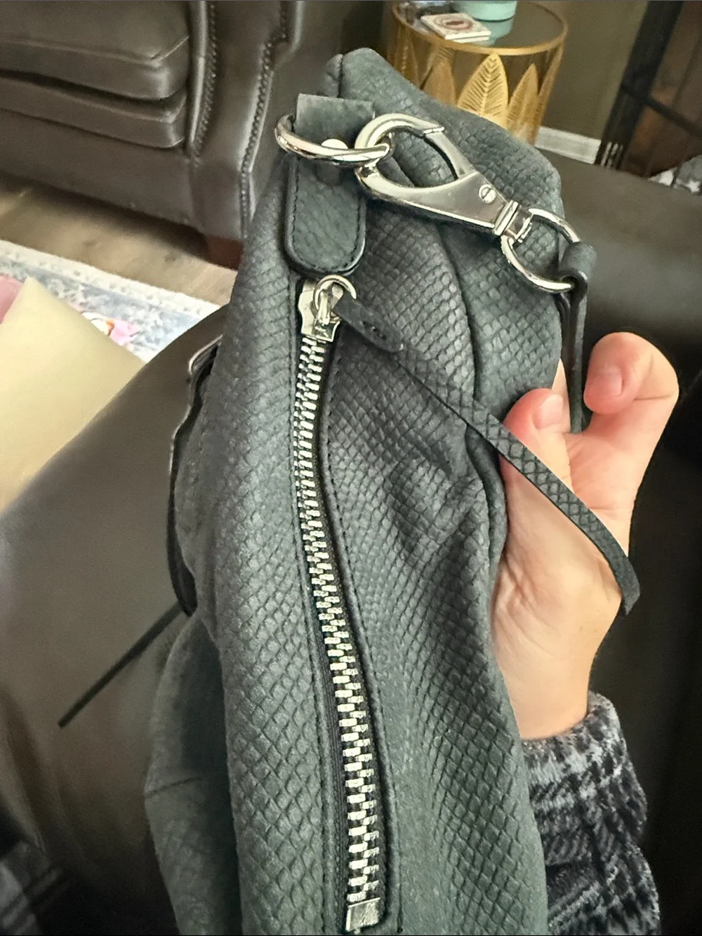 She+Lo Next Chapter Genuine Leather Satchel Handbag Adjustable Straps Black/Grey